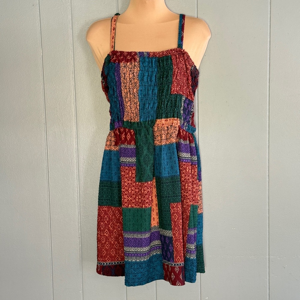 Earthbound Trading Co Patchwork Smocked Mini Dress XL Boho Festival Multicolor